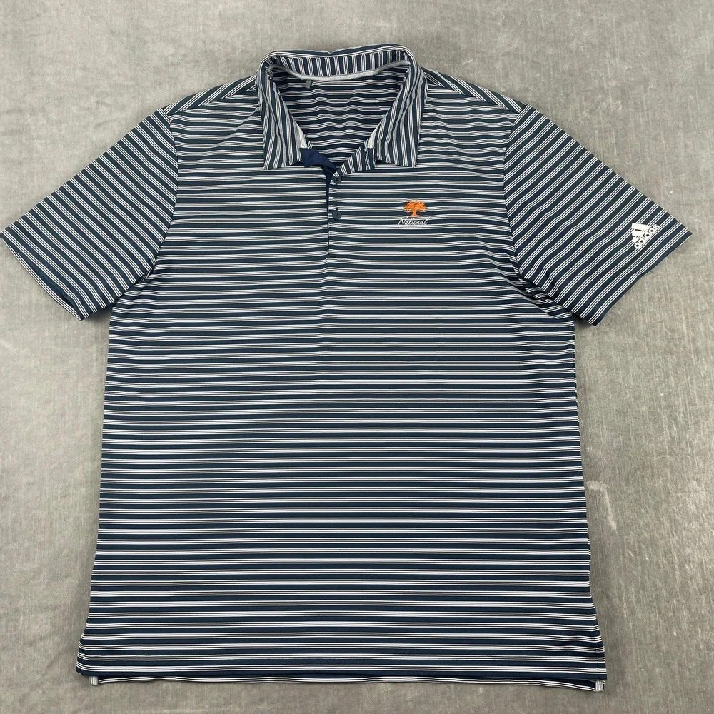 Adidas Mens Large Navy Blue Striped Polo Shirt National Golf Logo